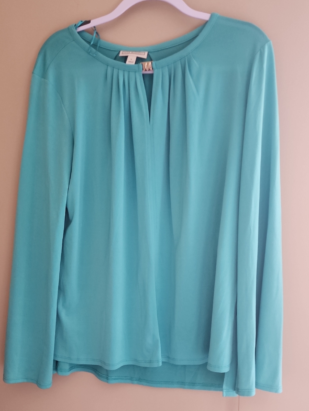 Dana Buchman Teal Long Sleeve Pleated Keyhole Blouse
